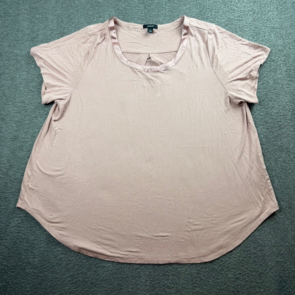 Alfani Blouse Women's 3X Pink Satin Trim Scoop Neck Short Sleeve Rayon Top